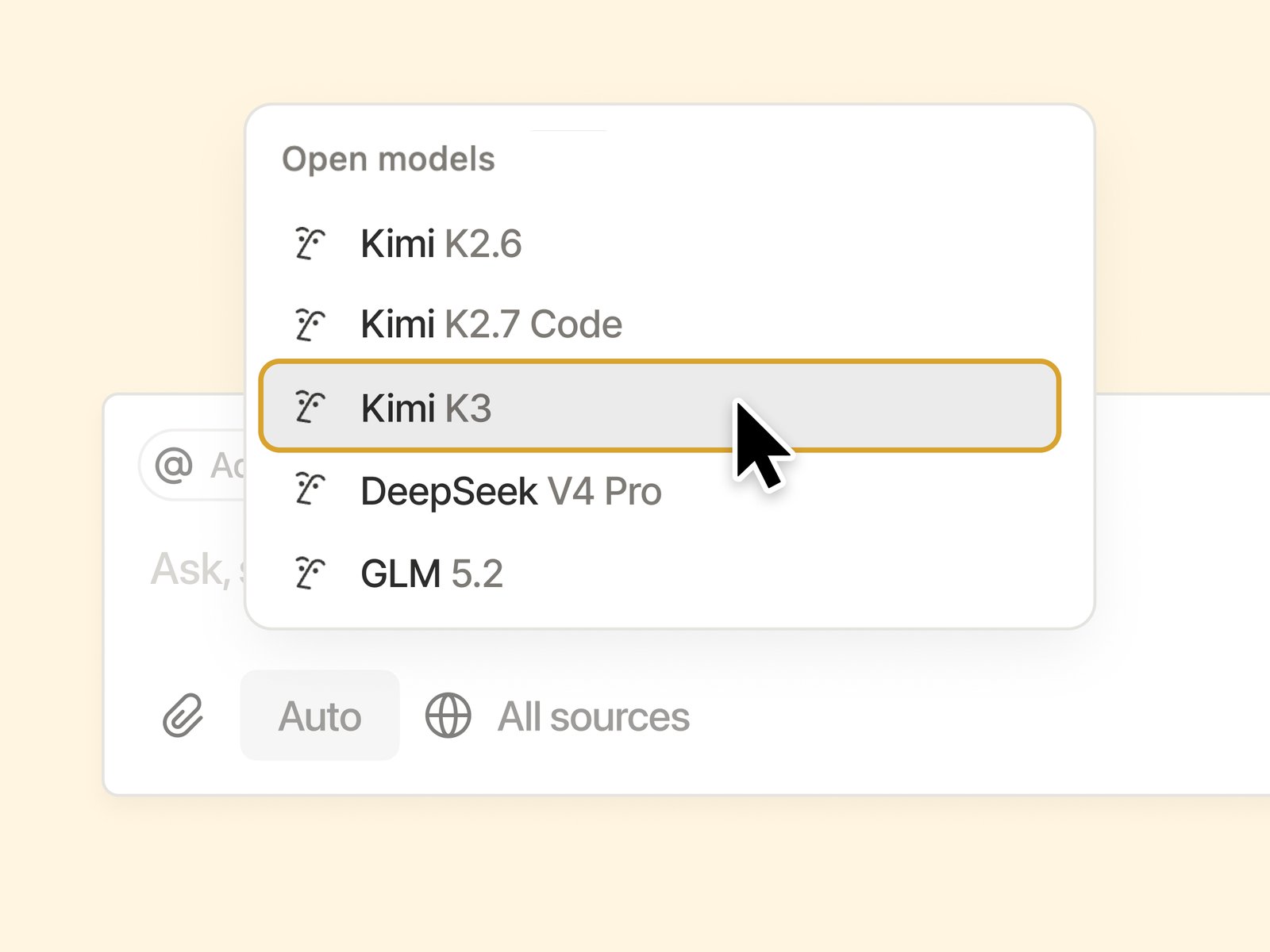 Choosing Kimi K3 in the Notion model picker